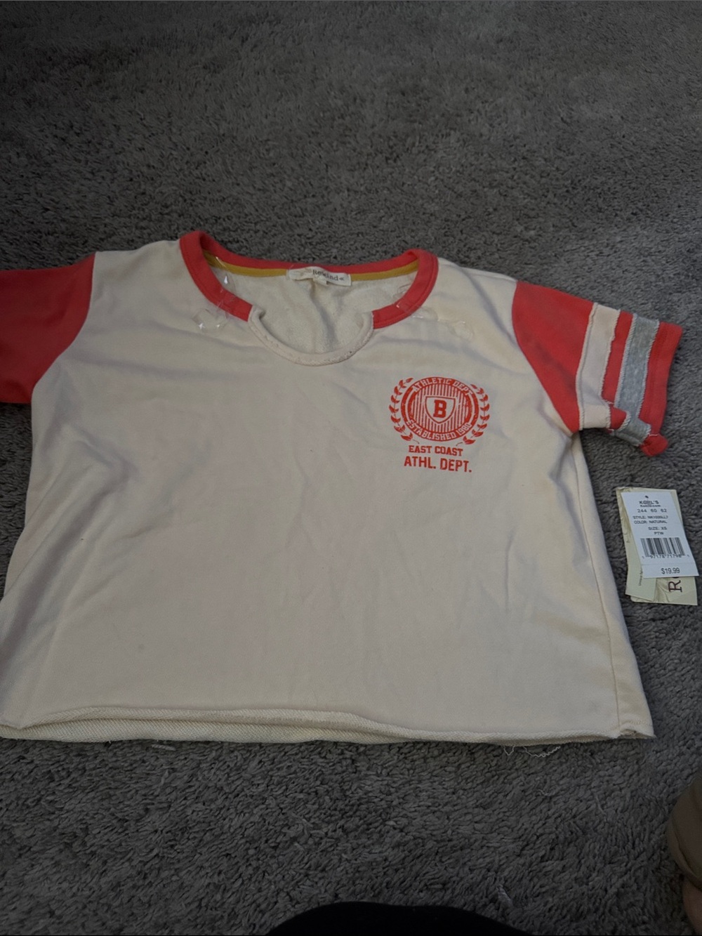 Rewind Cream Tee with Coral Sleeves and Logo